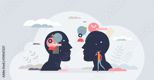 Introversion and extroversion human personality types tiny person concept. Different character social individuality with feelings and emotions expression or holding them inside vector illustration. photo