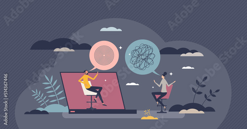 Online therapy or psychological mental care session tiny person concept. Counseling patient with problems, depression or anxiety vector illustration. Video call communication with distant meeting.