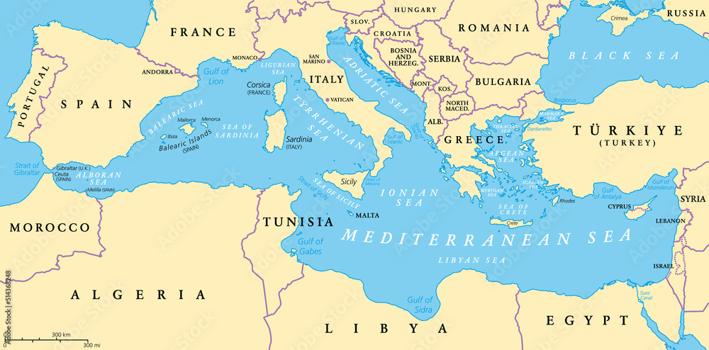 The Mediterranean Sea, political map with subdivisions, straits, islands and countries. Connected to the Atlantic Ocean, surrounded by the Mediterranean Basin, almost completely enclosed by land.