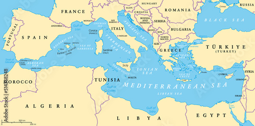 The Mediterranean Sea, political map with subdivisions, straits, islands and countries. Connected to the Atlantic Ocean, surrounded by the Mediterranean Basin, almost completely enclosed by land.