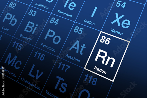 Radon on periodic table of elements. Radioactive noble gas, symbol Rn, atomic number 86. Decay product of radium, occurs naturally in small quantities as intermediate step in radioactive decay chains.