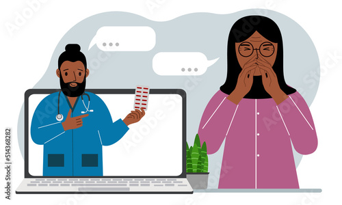 Online consultation with a doctor. A arabic woman in pain holds his hands to his face and communicates through a laptop with a doctor.