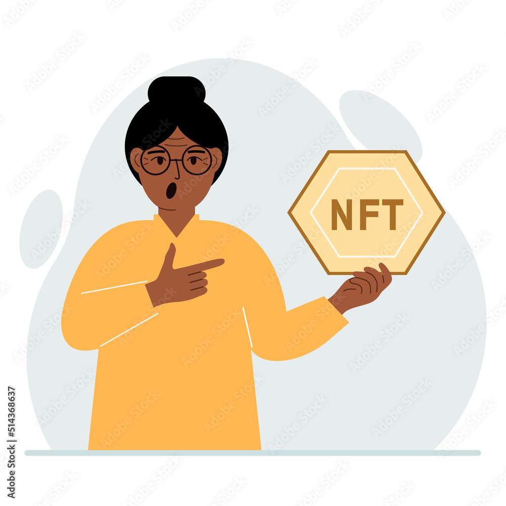 NFT concept. The woman is holding nft in his hand. Works of art using non-fungible tokens for auctions, sale and purchase of works of art. Vector flat illustration