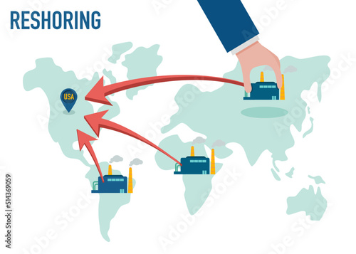 Reshoring concept. Character of business man holding factory come home. Increased protectionism. Self-sufficiency. Automated supply chain. Avoid production chain disruption. Local production.