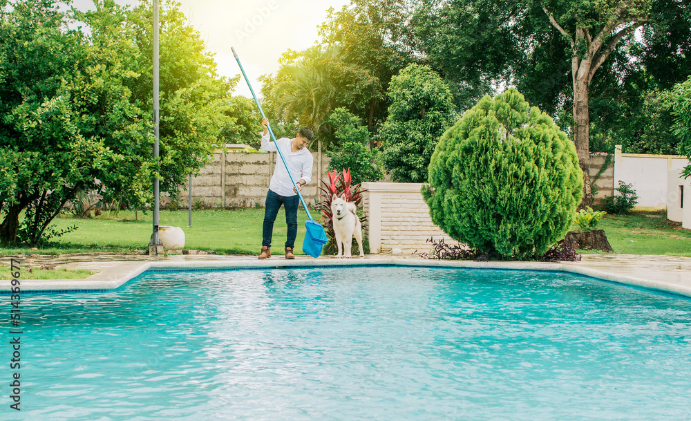 Man cleaning a swimming pool with skimmer, Maintenance person cleaning ...