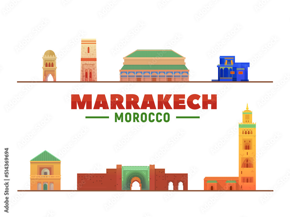 Marrakesh ( Morocco ) city famous landmarks at white background. Vector Illustration. Business travel and tourism concept with old buildings. Image for presentation, banner, web site.