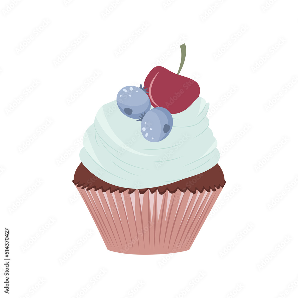Muffin with cream and fruits vector illustration in flat style Muffin with cream and fruits vector illustration in flat style