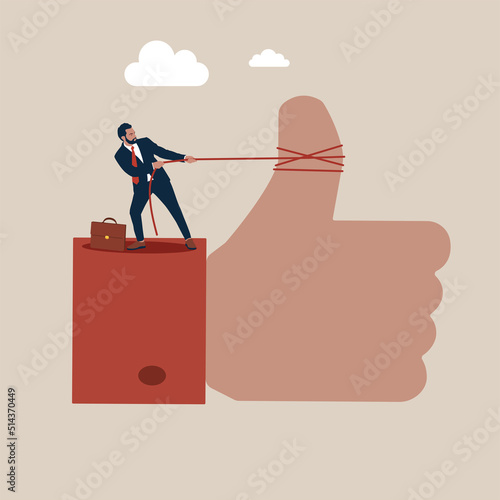 Hard work for good feedback. Pull the rope to raise the thumb up. Vector illustration flat design.