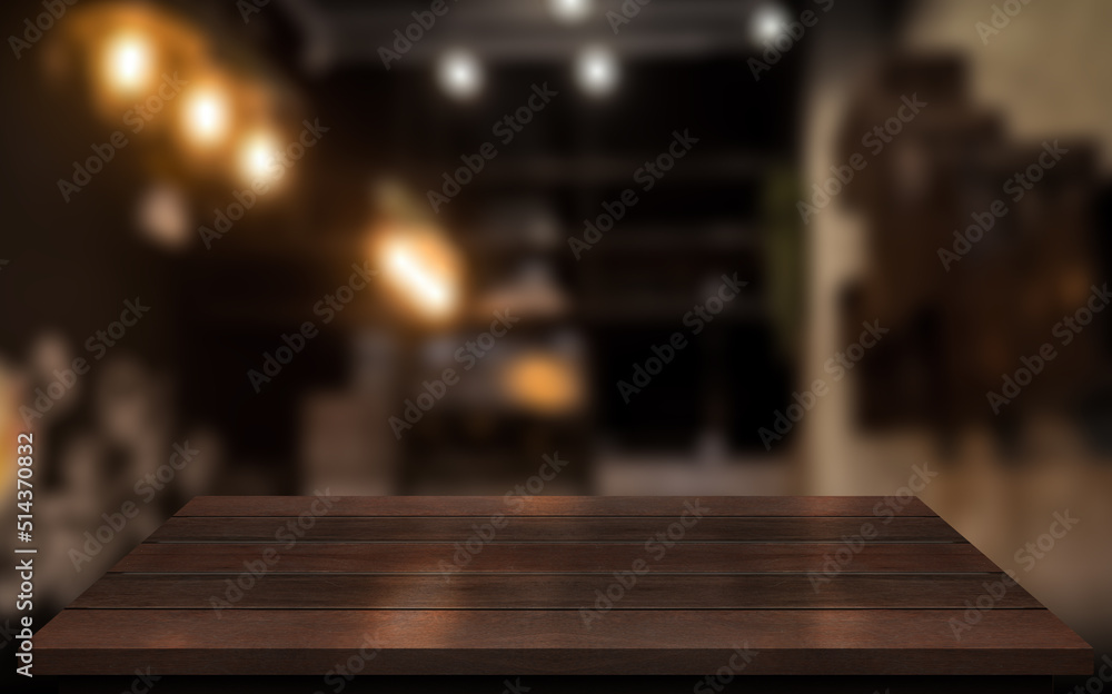 Empty wooden table top with lights bokeh on blur restaurant background. Empty wooden table top with lights bokeh on blur restaurant background.