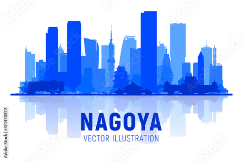 Nagoya ( Japan ) skyline silhouette at white background. Vector Illustration. Business travel and tourism concept with modern buildings. Vector for presentation, banner, web site.