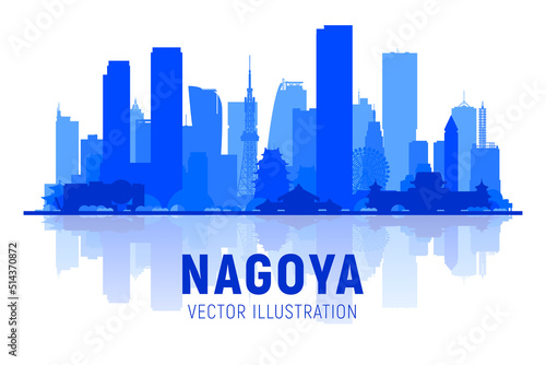 Fotografie Nagoya ( Japan ) skyline silhouette at white background
