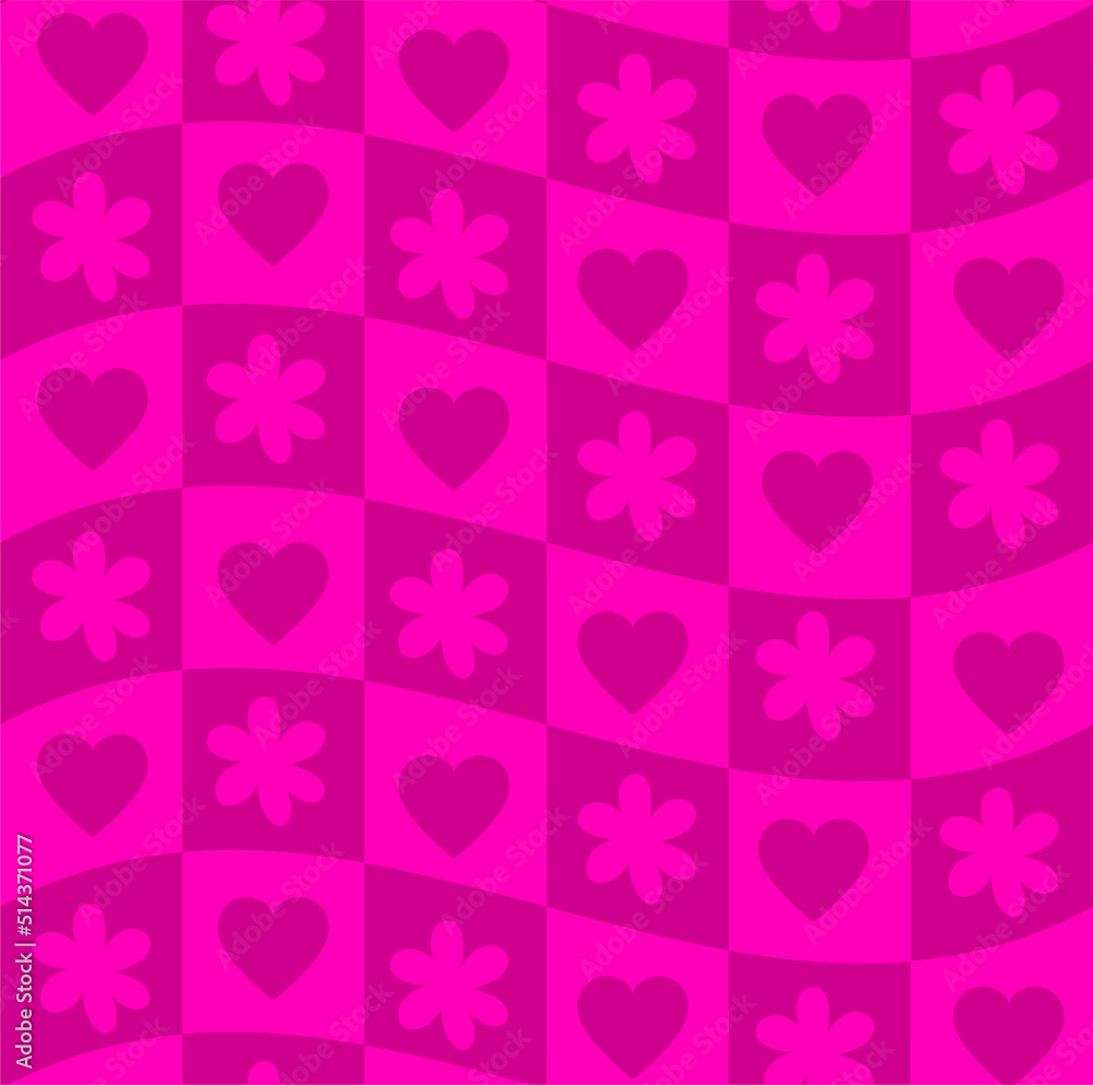 Groovy Wavy Melted Psychedelic purple pink funky Checkerboard with daisy flowers and hearts Y2K 90s seamless pattern vector background. Retro hippie trippy optical repeat texture wallpaper, textile