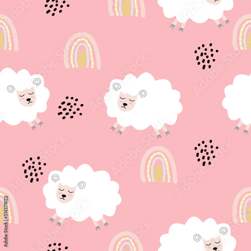 Seamless pattern with cute sheep and lambs. Loop pattern for fabric, textile, wallpaper, posters, gift wrapping paper, napkins, tablecloths. Print for kids. Children's pattern vector illustration.