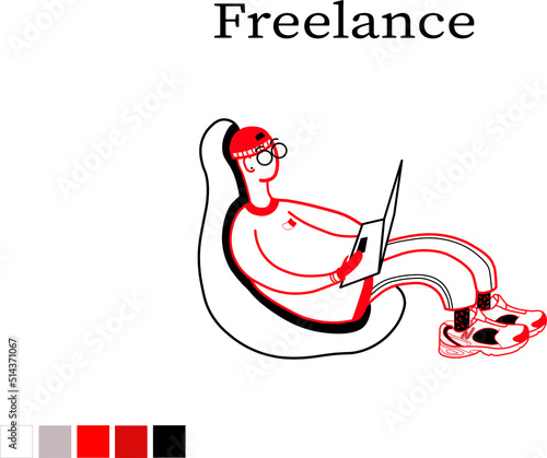Boy freelancer  in red style, designer in oversize clothes 