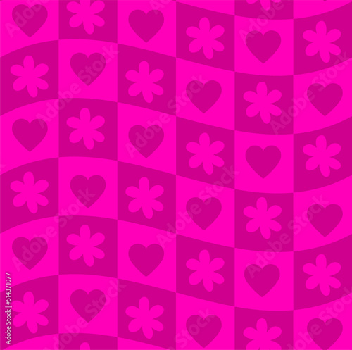 Groovy Wavy Melted Psychedelic purple pink funky Checkerboard with daisy flowers and hearts Y2K 90s seamless pattern vector background. Retro hippie trippy optical repeat texture wallpaper, textile