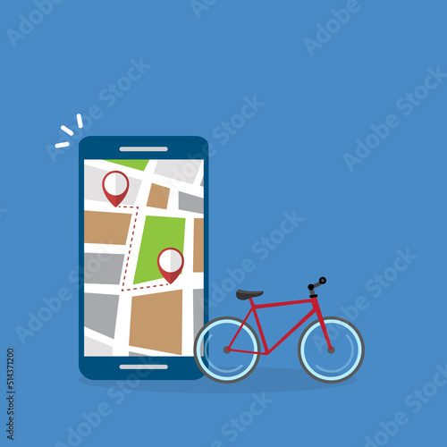 Bicycle , Fitness tracking app or sharing bike app on mobile phone screen