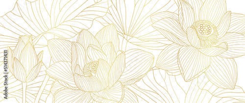 Golden Lotus line art vector in white background. Luxury watercolor wallpaper with lotus flower, leaves and blooms in hand drawn. Elegant design for banner, invitation, packaging, wall art.