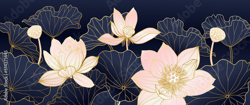 Golden Lotus line art vector in dark background. Luxury watercolor wallpaper with lotus flower, leaves and blooms in hand drawn. Elegant design for banner, invitation, packaging, wall art.