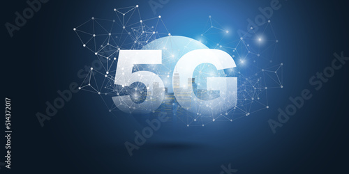 Blue Grey 5G Network Label with a Cityscape Inside of a Globe - Background High Speed Broadband Mobile Telecommunication and Wireless Internet Design, New Cutting Edge Global Mobile Technology Concept