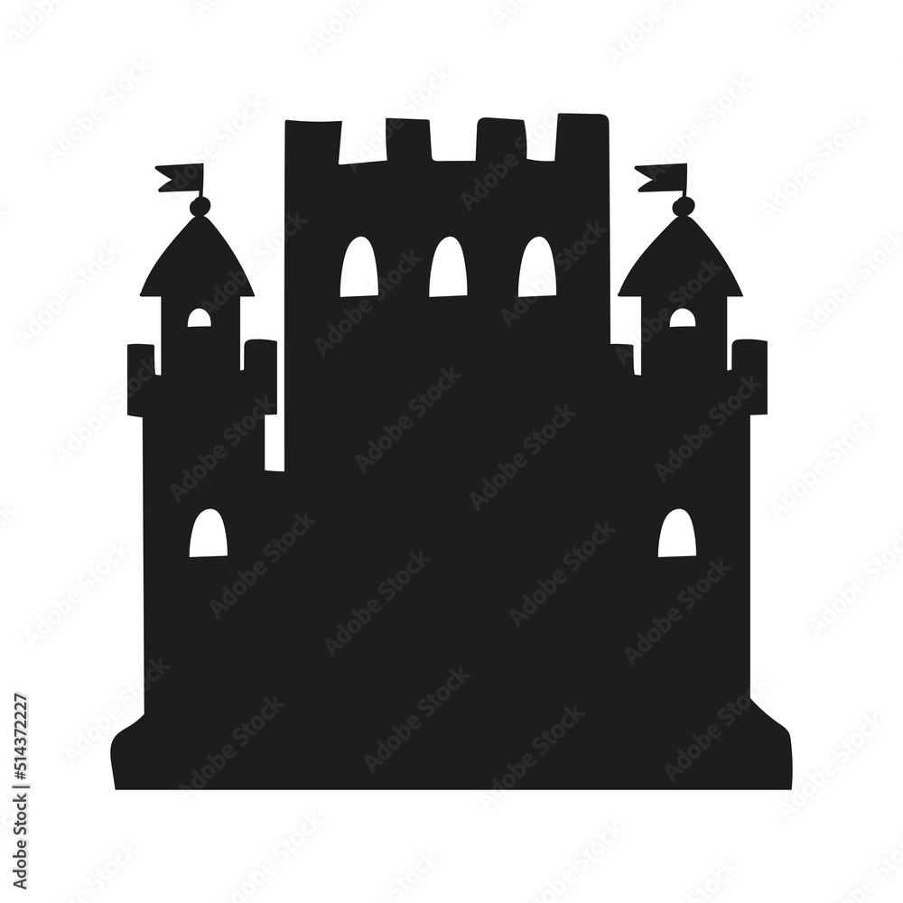 Fairytale castle. Black silhouette. Design element. Vector illustration isolated on white background. Template for books, stickers, posters, cards, clothes. Fairytale castle. Black silhouette. Design element. Vector illustration isolated on white background. Template for books, stickers, posters, cards, clothes.