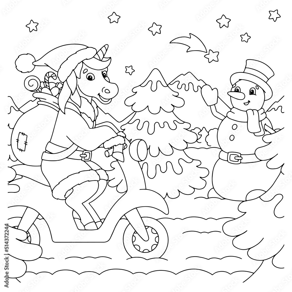 The unicorn rides a moped and carries gifts. Coloring book page for kids. Cartoon style character. Vector illustration isolated on white background. The unicorn rides a moped and carries gifts. Coloring book page for kids. Cartoon style character. Vector illustration isolated on white background.