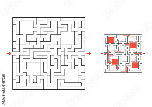 Square maze with answer. Game for kids. Puzzle for children. Labyrinth conundrum. Find the right path.