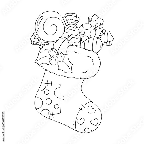 Coloring book page for kids. Christmas sock with gifts. Cartoon style character. Vector illustration isolated on white background.