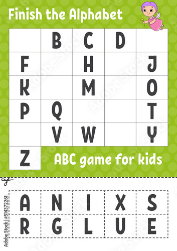 Finish the alphabet. ABC game for kids. Cut and glue. Education developing worksheet. Learning game for kids. Color activity page.