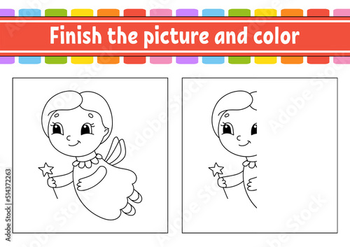 Finish the picture and color. cartoon character isolated on white background. For kids education. Activity worksheet.
