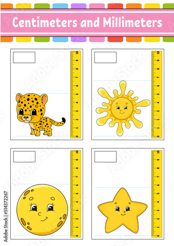 Measuring length in centimeter and millimeter. Education developing worksheet. Game for kids. Color activity page. Puzzle for children. Cute character. Vector illustration. cartoon style.