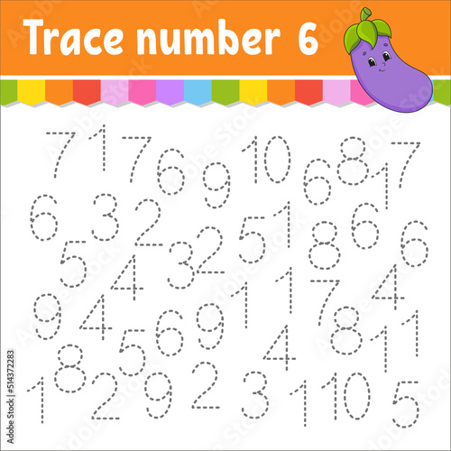 Trace number . Handwriting practice. Learning numbers for kids. Education developing worksheet. Activity page. Game for toddlers and preschoolers. Isolated vector illustration in cute cartoon style.