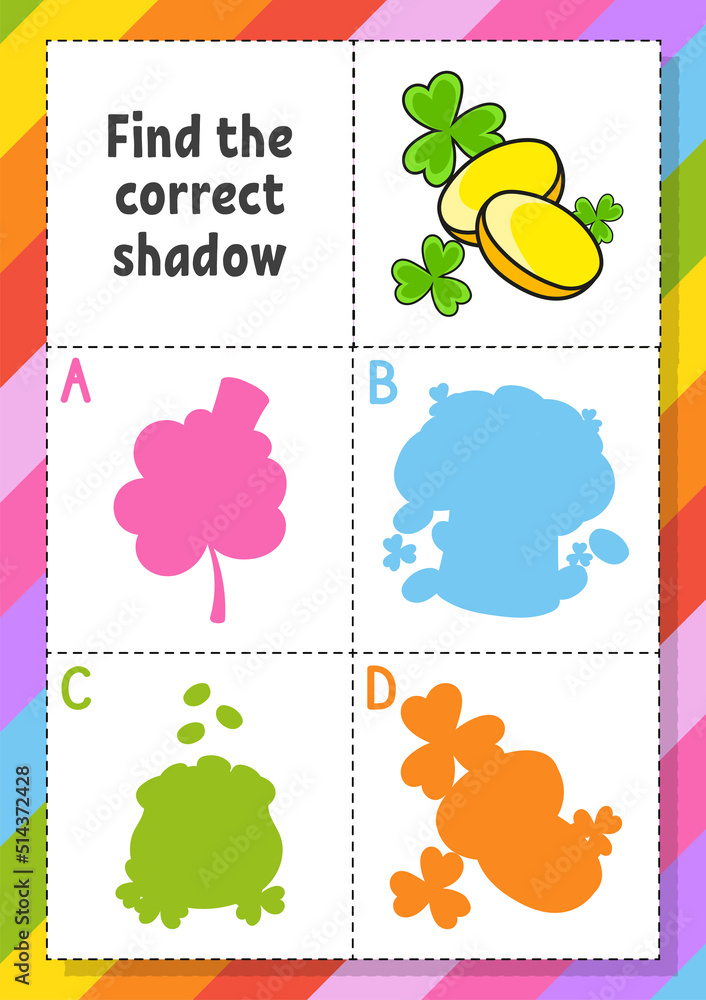 Find the correct shadow. Education developing worksheet for kids. Puzzle game. Activity page. cartoon character. Vector illustration. St. Patrick's day. Find the correct shadow. Education developing worksheet for kids. Puzzle game. Activity page. cartoon character. Vector illustration. St. Patrick's day.