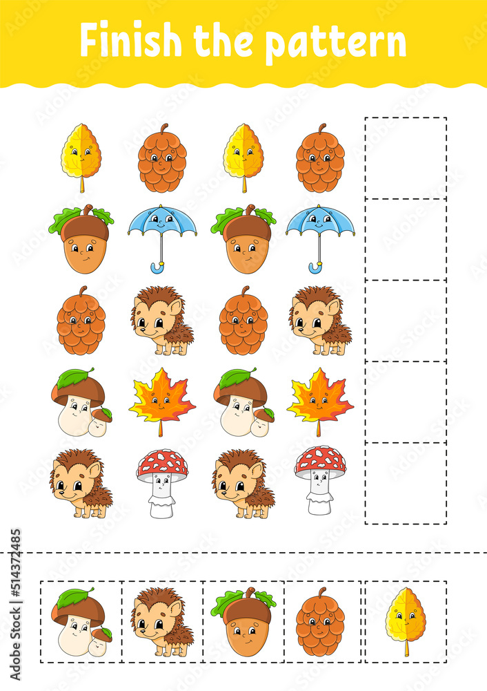 Fototapeta premium Finish the pattern. Cut and play. Education developing worksheet. Autumn theme. Activity page. cartoon character. Vector illustration.