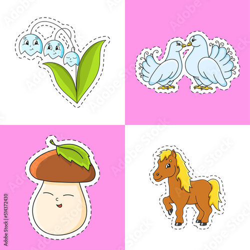 Set stickers with contour. cartoon character. Colorful vector illustration. Isolated on color background. Template for your design.