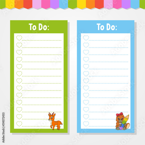 To do list for kids. Empty template. The rectangular shape. Isolated color vector illustration. Funny character. cartoon style. For the diary, notebook, bookmark.