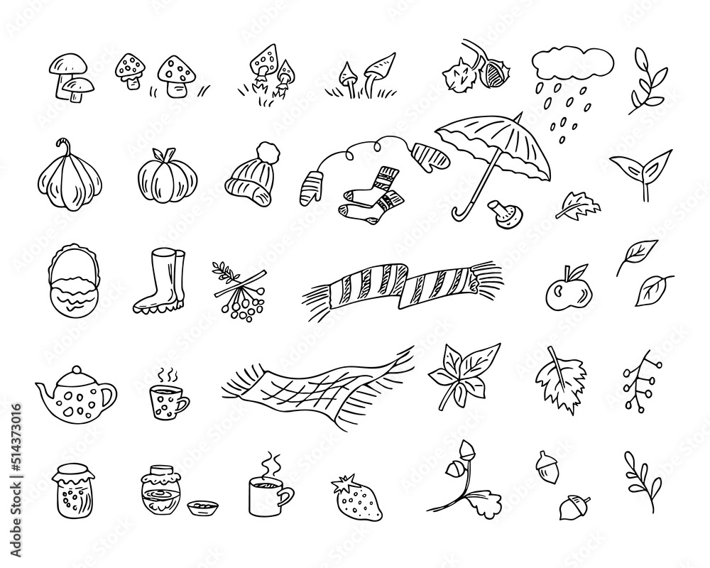 Doodle autumn set, hand drawn elements for cold weather. Berries, leaves, fruits, harvest, teapot and cups, knitted accessories. Sketch,freehand minimalistic design, child drawing.Isolated.Vector Doodle autumn set, hand drawn elements for cold weather. Berries, leaves, fruits, harvest, teapot and cups, knitted accessories. Sketch,freehand minimalistic design, child drawing.Isolated.Vector