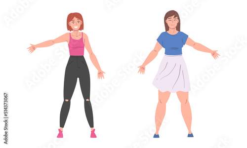 Cheerful Young Woman Standing with Wide Open Arms as Welcome and Solidarity Gesture Vector Set