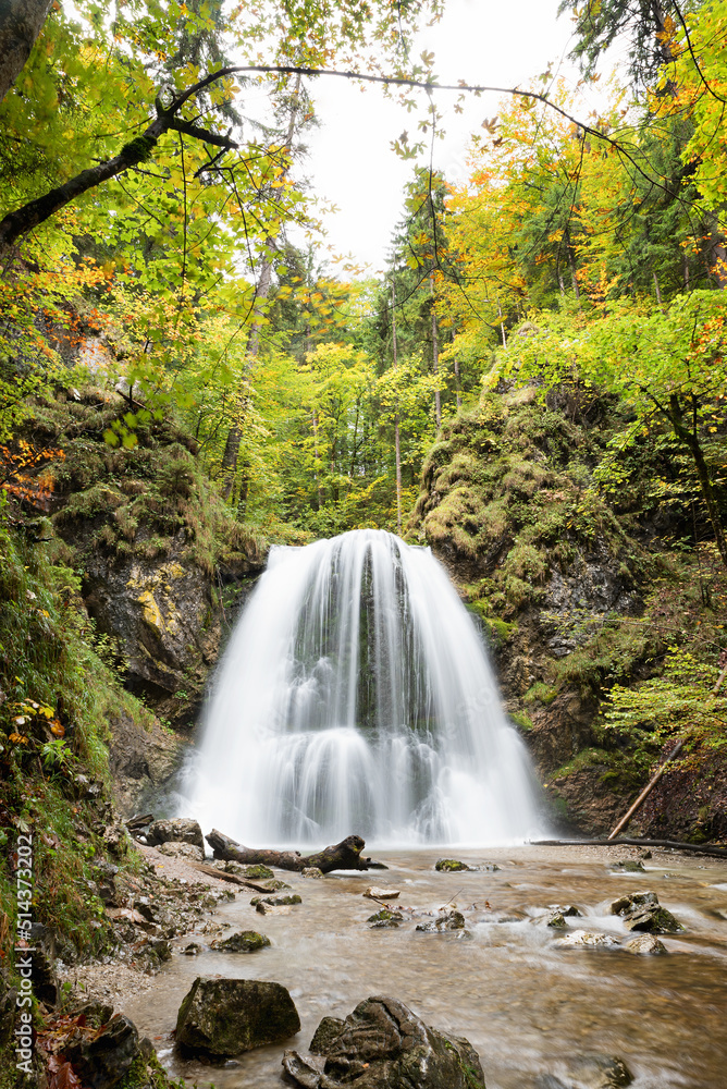 beautiful waterfall Josefstal in autumn, hiking destination Schliersee beautiful waterfall Josefstal in autumn, hiking destination Schliersee