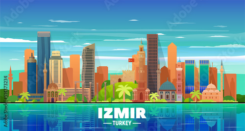 Izmir (Turkey) city skyline vector at sky background. Flat vector illustration. Business travel and tourism concept with modern buildings. Image for banner or web site.