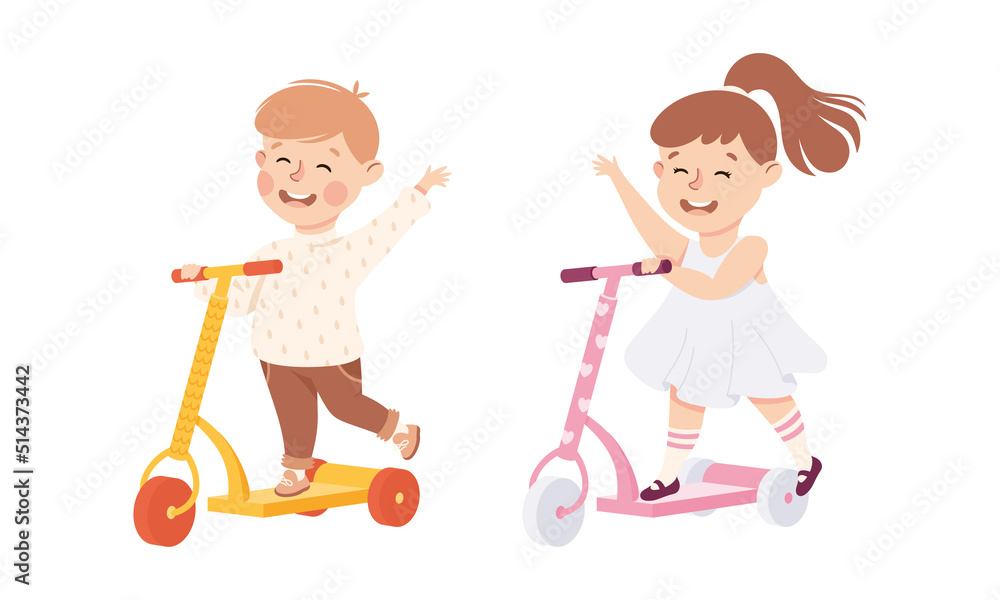 Smiling Boy and Girl Riding on Kick Scooter Pushing Off the Ground Waving Hand Vector Set Smiling Boy and Girl Riding on Kick Scooter Pushing Off the Ground Waving Hand Vector Set