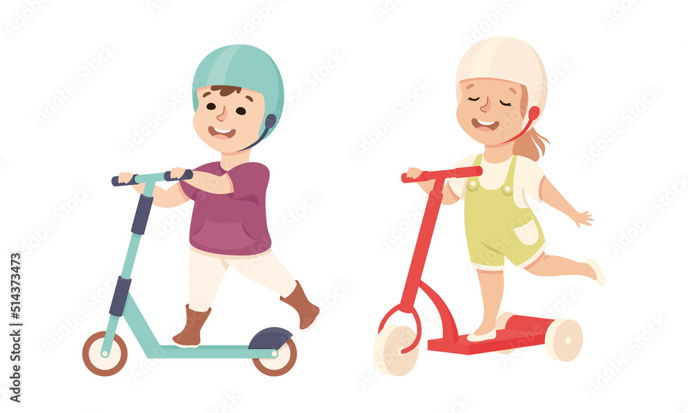 Smiling Boy and Girl Riding on Kick Scooter in Helmet Pushing Off the Ground Vector Set Smiling Boy and Girl Riding on Kick Scooter in Helmet Pushing Off the Ground Vector Set