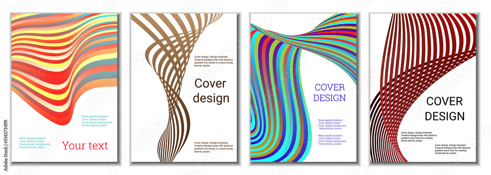 A set of 4 abstract covers. Wavy parallel gradient lines, ribbons evolve. Cover design, background. Trendy banner, poster. A set of 4 abstract covers. Wavy parallel gradient lines, ribbons evolve. Cover design, background. Trendy banner, poster.