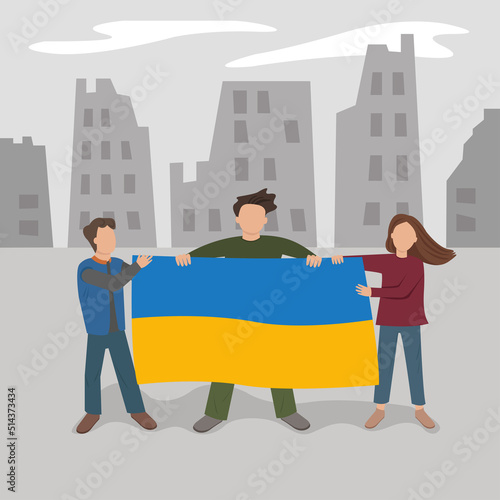 Ukrainian people with a flag in a ruined city