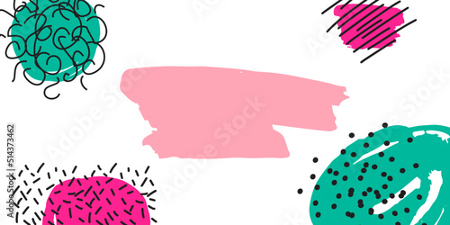 Fun doodle pattern background with abstract scribbles and bright colored spots in white background. Trendy creative vector pattern for funny brochure cover template design. Frame with space for text