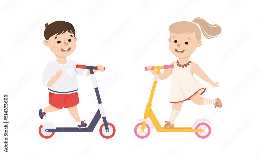 Smiling Boy and Girl Riding on Kick Scooter Pushing Off the Ground Vector Set
