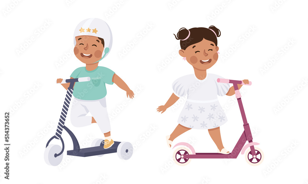 Smiling Boy and Girl Riding on Kick Scooter Pushing Off the Ground Vector Set Smiling Boy and Girl Riding on Kick Scooter Pushing Off the Ground Vector Set