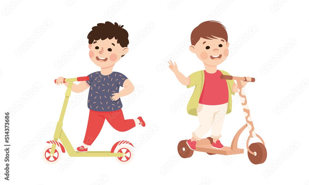 Smiling Boy Riding on Kick Scooter Pushing Off the Ground Vector Set Smiling Boy Riding on Kick Scooter Pushing Off the Ground Vector Set