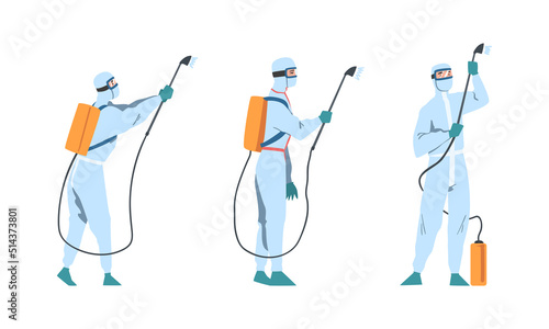 Man in Protective Antiviral Suit Spraying Disinfectant Agent as Preventive Measure Against Spread of Coronavirus Disease Vector Set