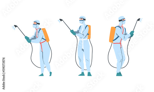 Man in Protective Antiviral Suit Spraying Disinfectant Agent as Preventive Measure Against Spread of Coronavirus Disease Vector Set