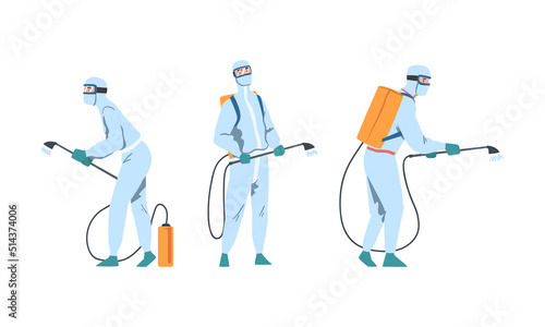 Man in Protective Antiviral Suit Spraying Disinfectant Agent as Preventive Measure Against Spread of Coronavirus Disease Vector Set
